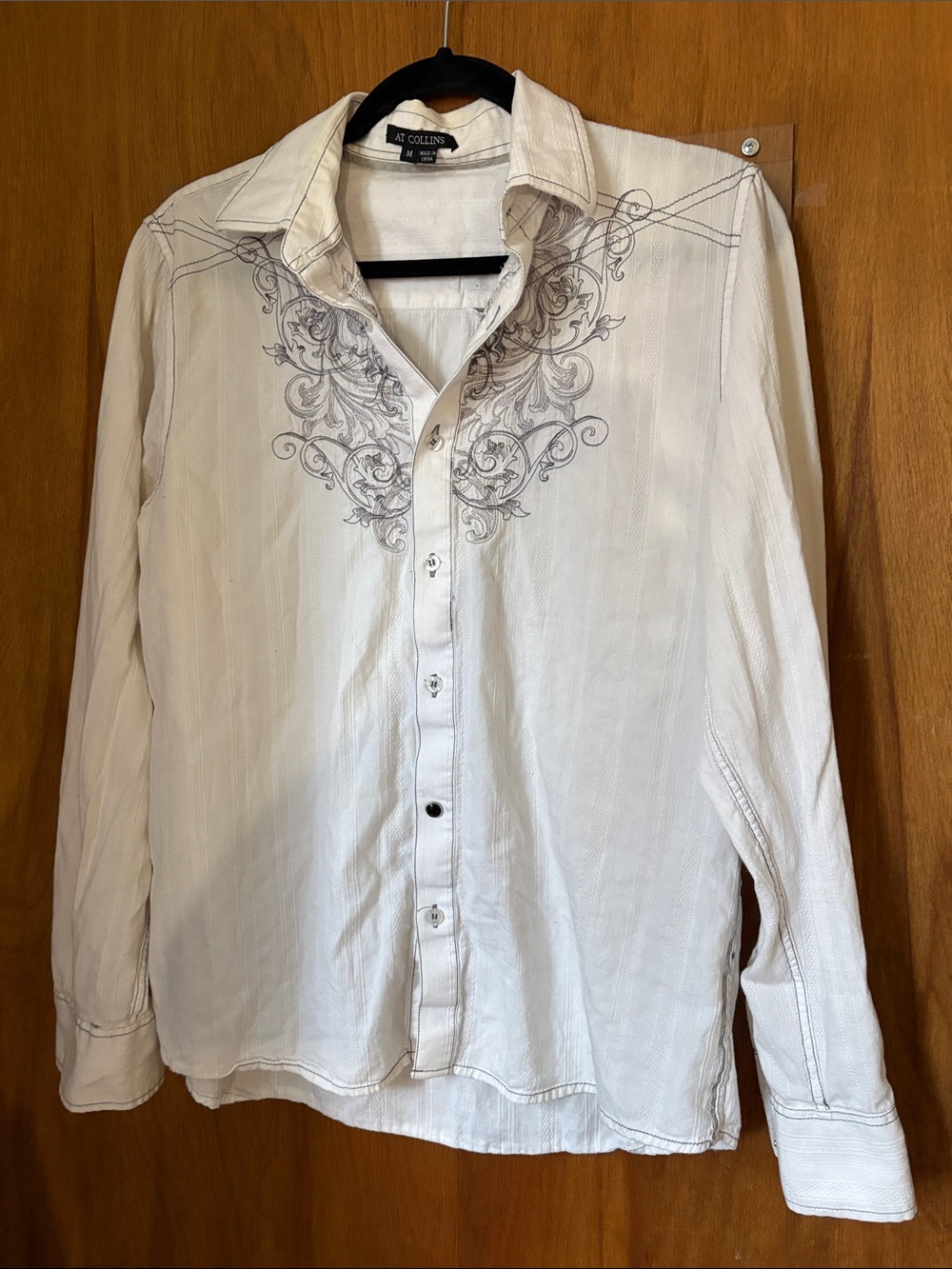 At Collins Men’s Button-Down Shirt with Gray Embroidered Design